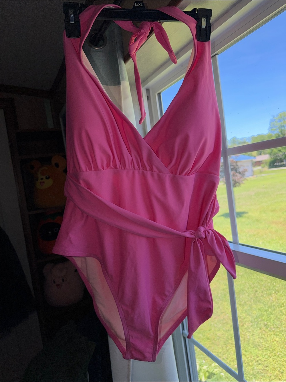 Women’s Pink One-Piece Swimsuit with Waist Tie